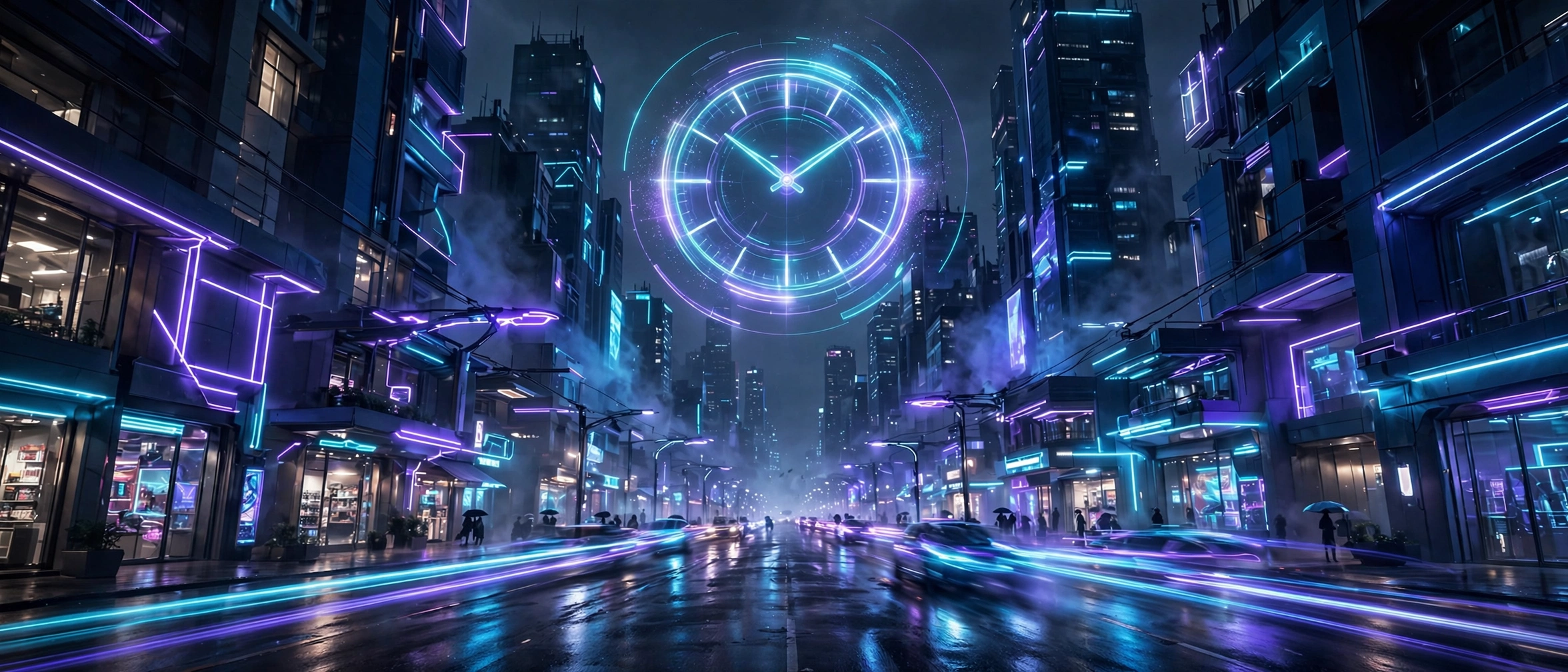 Futuristic neon city street with a glowing holographic clock above storefronts